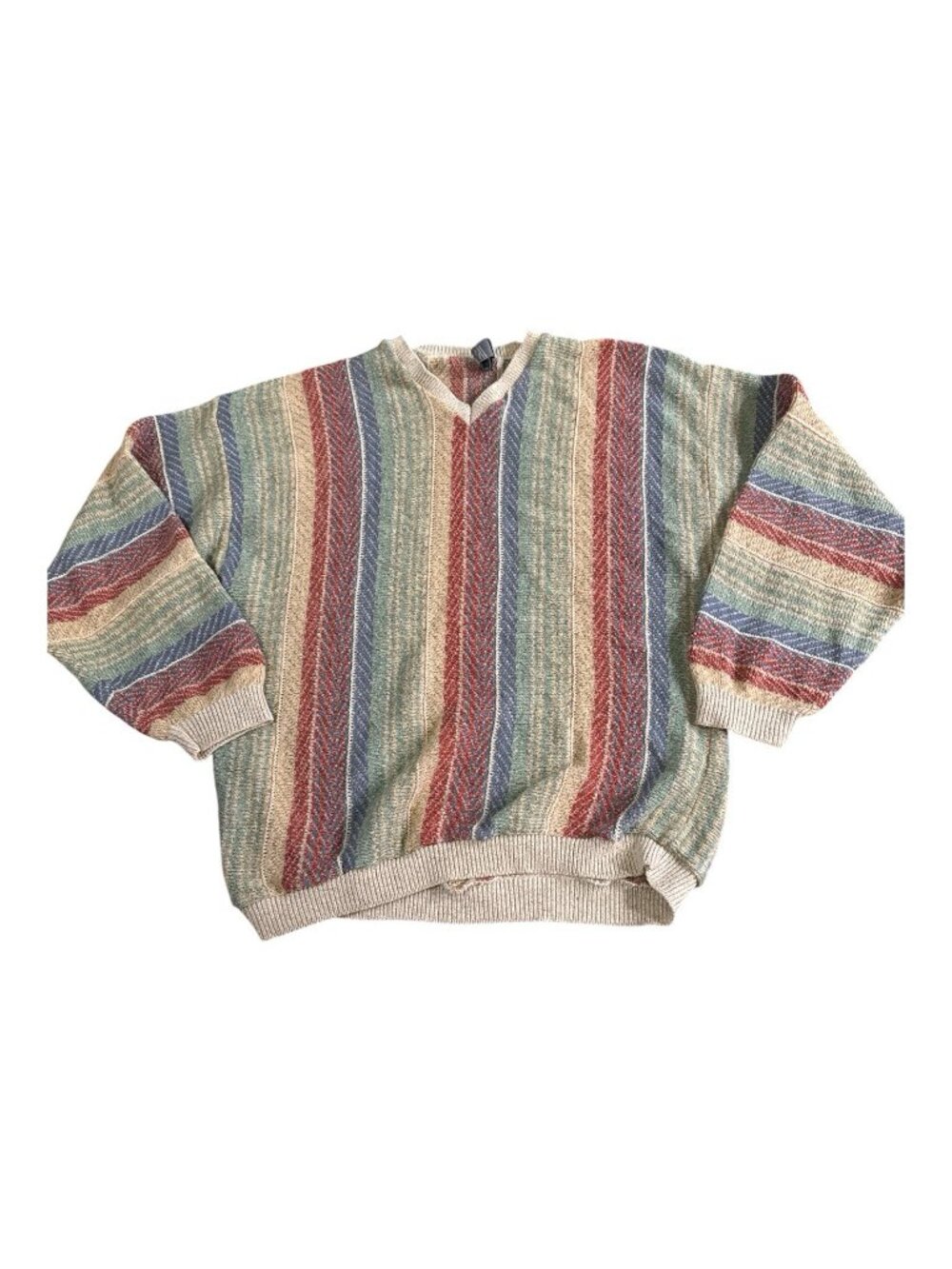 VINTAGE TSR Sweater Mens XL V-Neck Vertical Stripes Knit Acrylic Cotton USA 90's